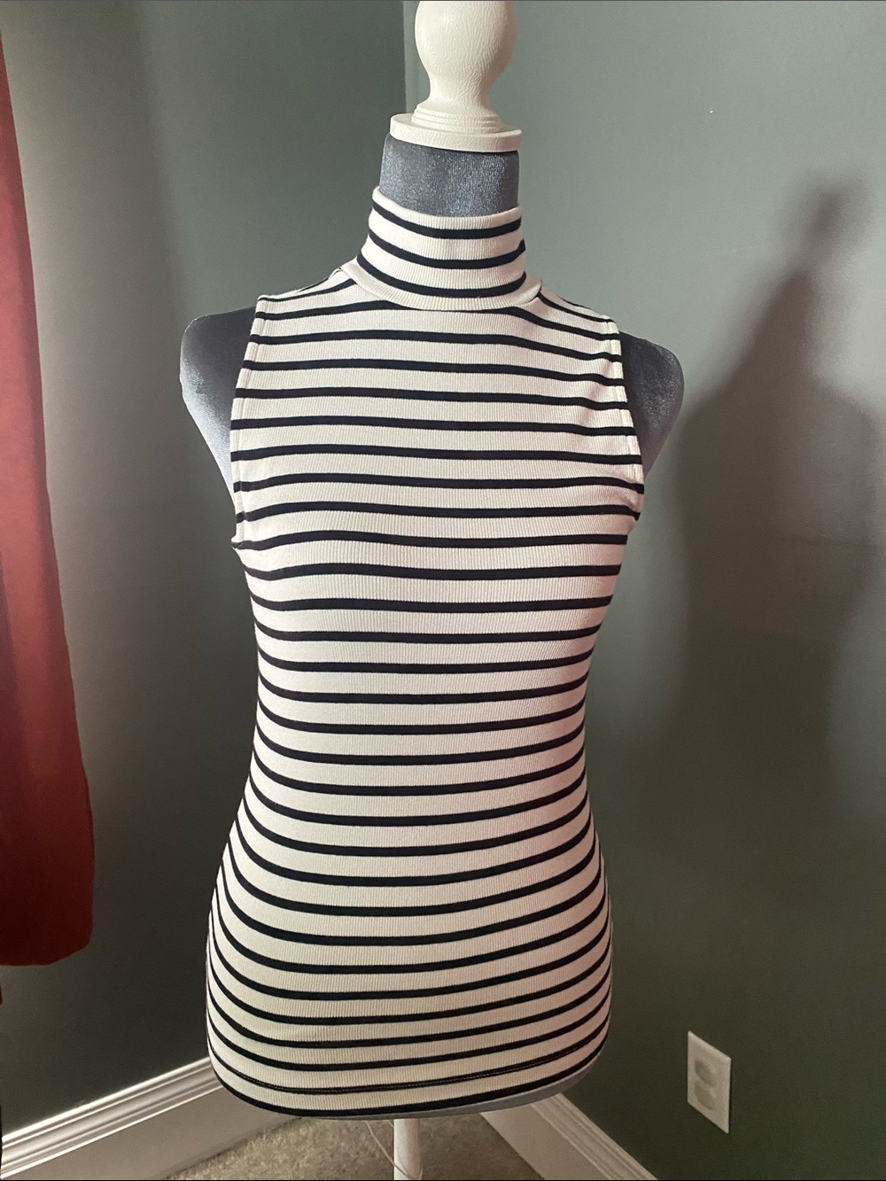 LOFT Black & White Sleeveless Turtleneck Stripe Tank